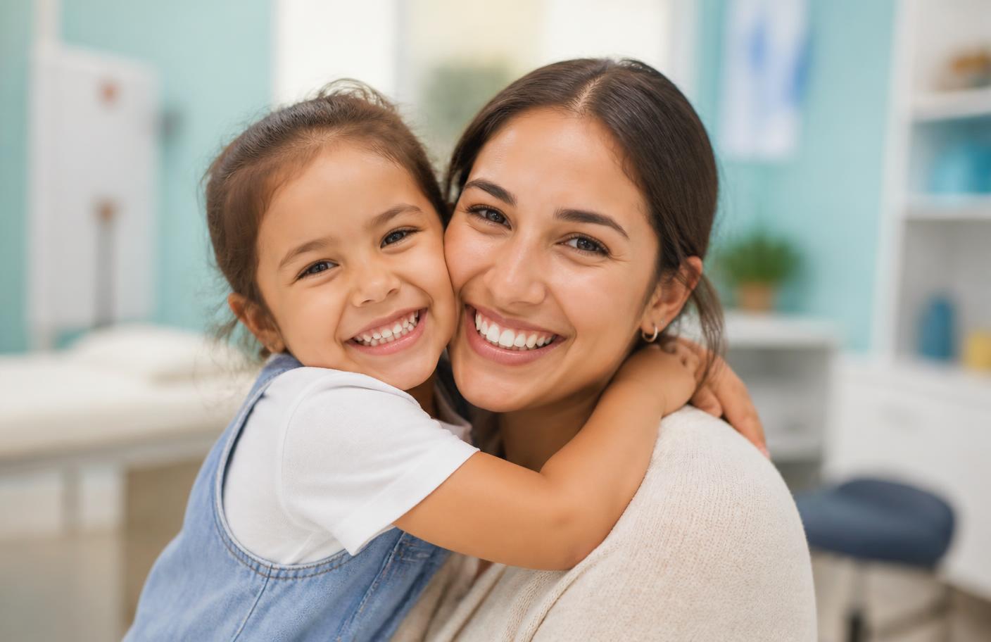 Mãe e filha sorrindo na clínica